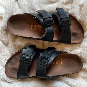 Black Leather Birkenstocks Arizona Slides